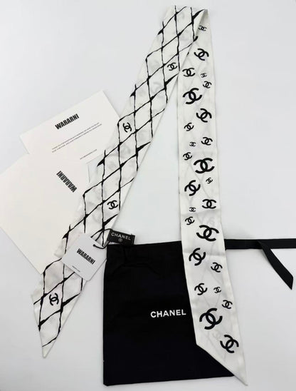 Chanel 23s Twilly Black and White Check Double C Scarf