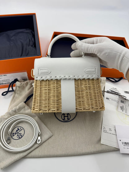 Hermès Mini Kelly 20 “Picnic” White Swift Leather & Palladium Hardware