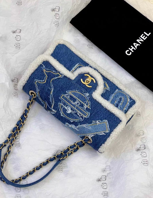 Chanel 19 Paris-Egypt Blue Denim & Shearling Hieroglyph Flap Medium