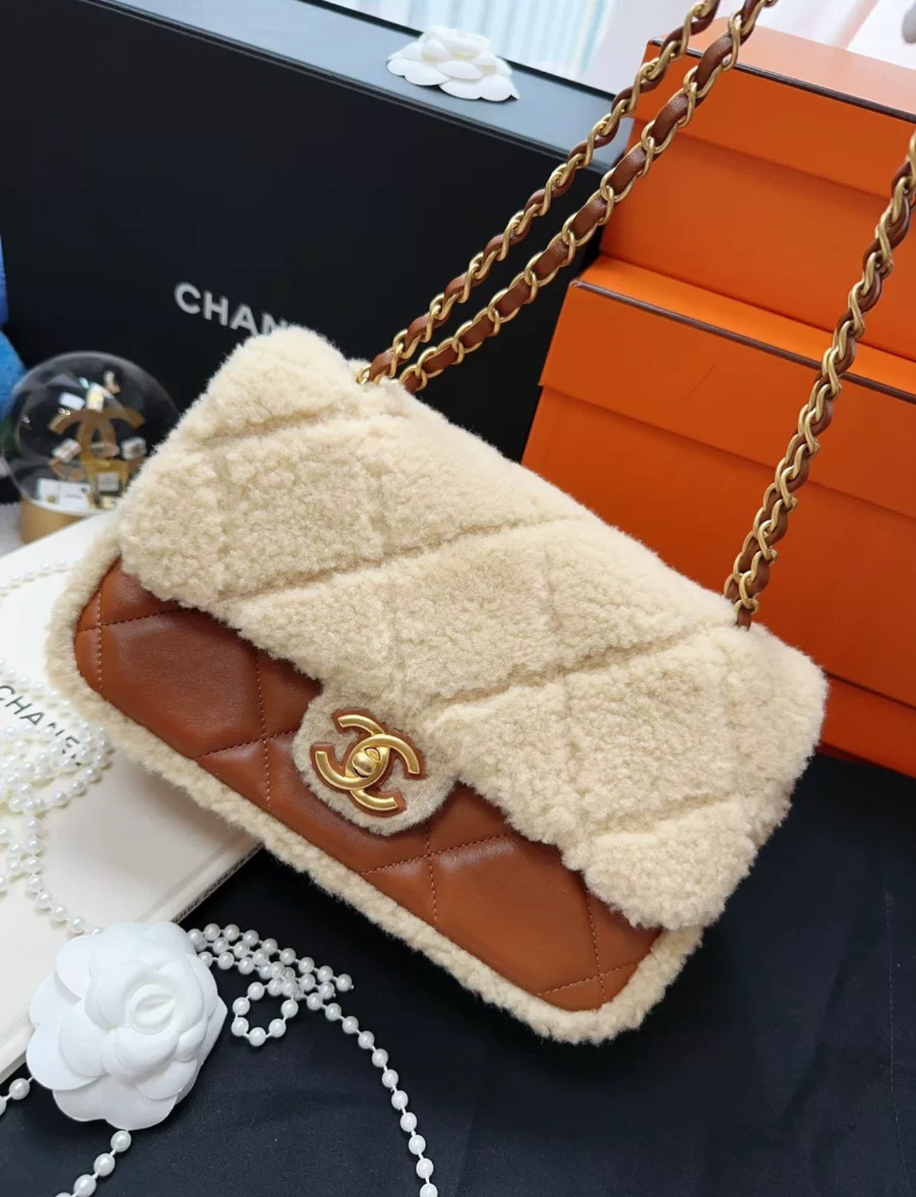 Chanel 24K shearling fur & Brown Leather flap bag
