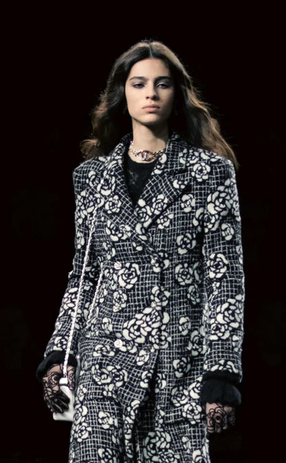 Chanel 22p black tweed camellia long coat