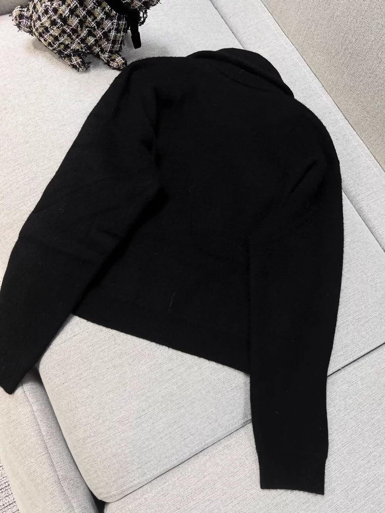 Chanel Coco Neige black pearl double C logo lapel cashmere knit