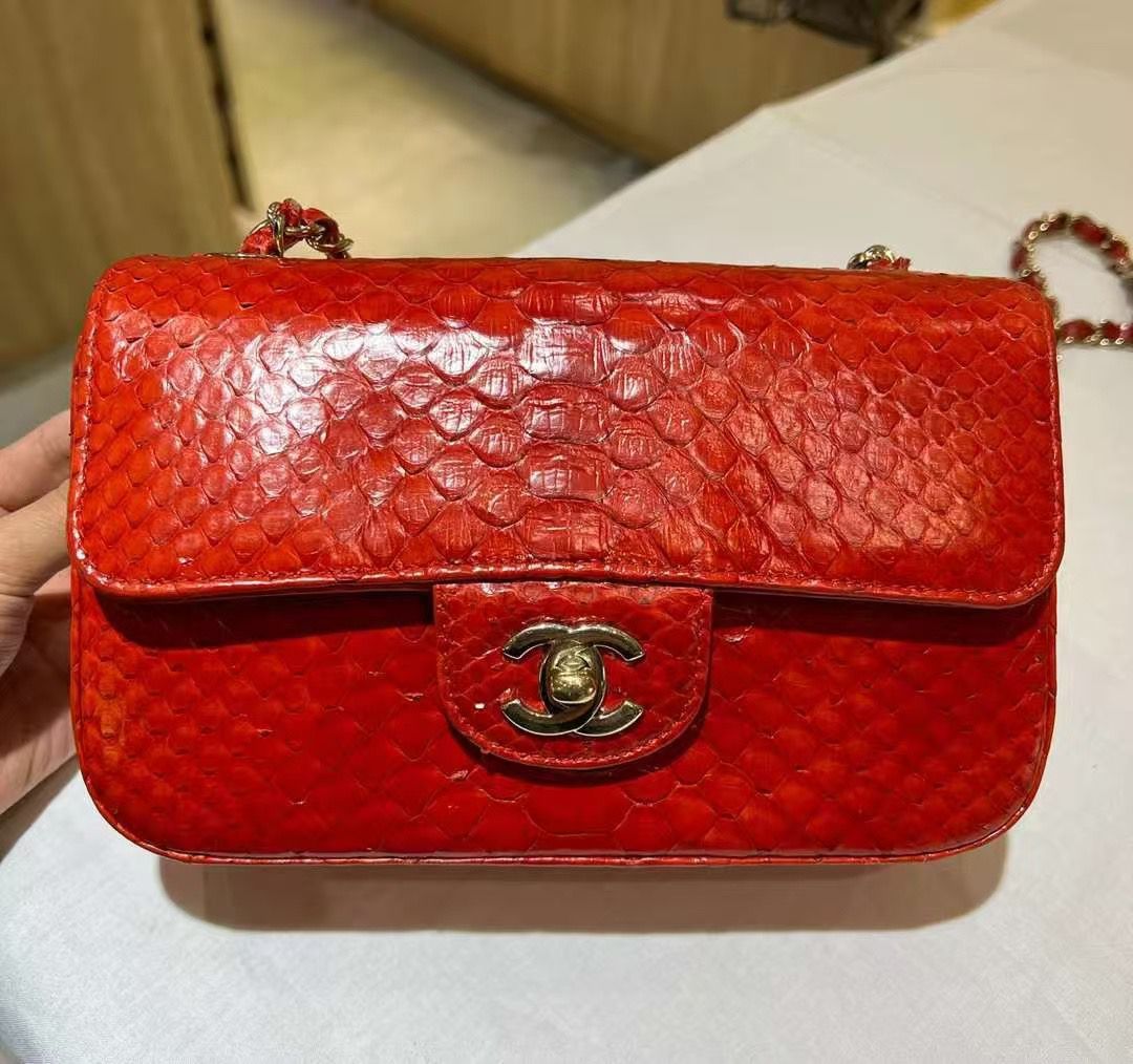 Chanel Red Classic Python Mini Rectangular Flap Bag