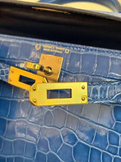 Hermes Mini Kelly 20 Blue Zellige Shiny crocodile leather gold hardware
