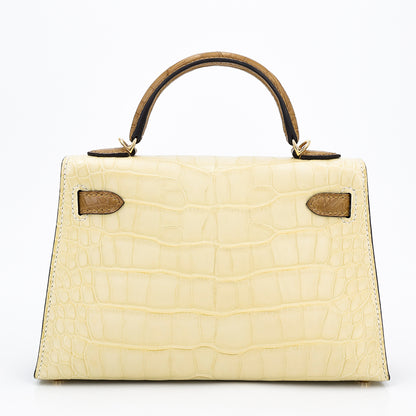 Hermes Mini Kelly 20 Kraft Vanille Matte Alligator Gold hardware