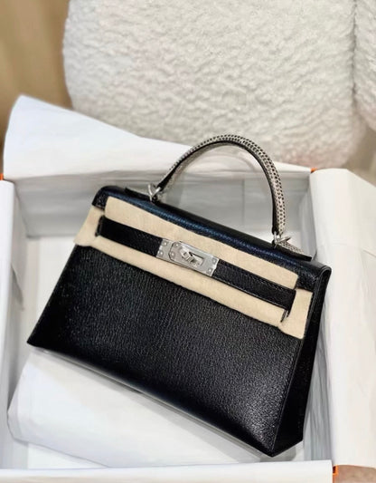 Hermès Mini Kelly 20 touch black goat leather & natural lizard handle with palladium hardware