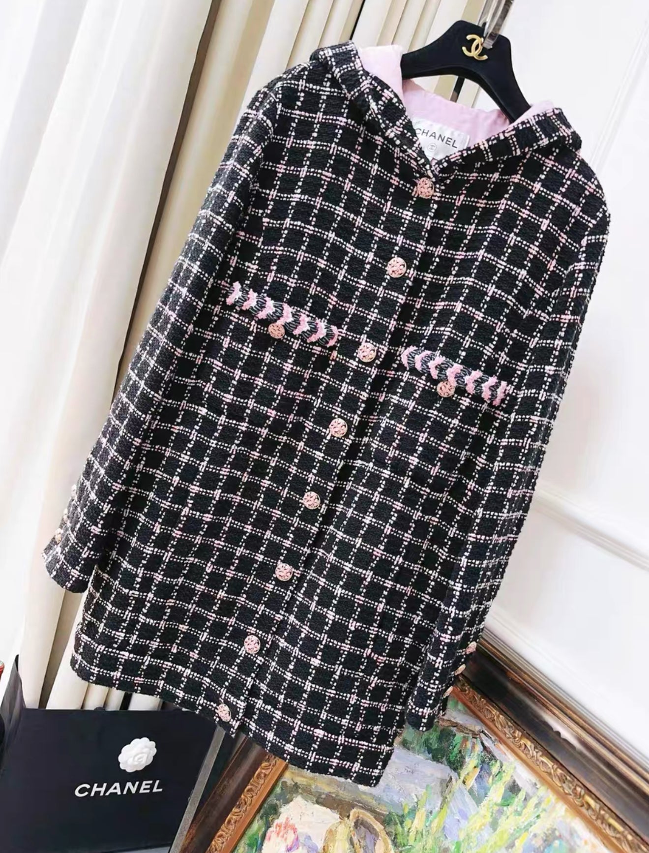 Chanel 24S black and pink tweed hooded long coat