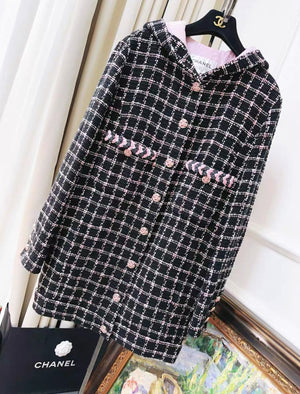 Chanel 24S black and pink tweed hooded long coat
