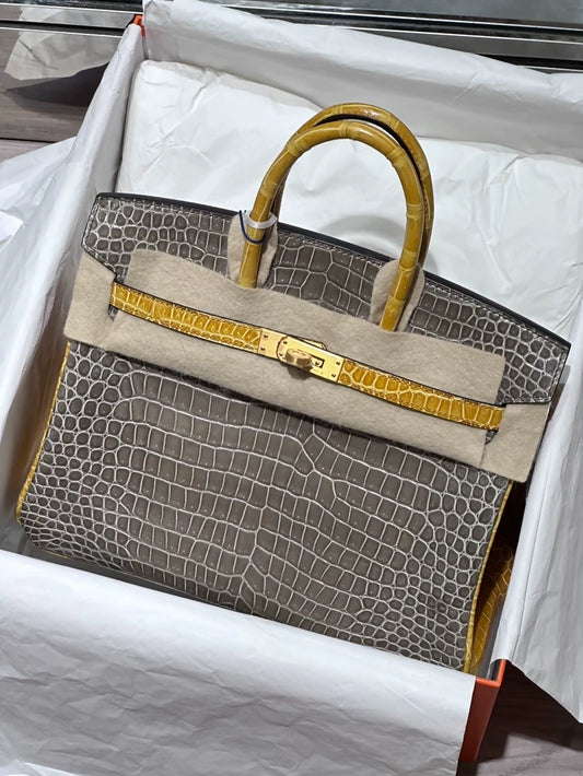 Hermes Birkin 25 Gris Tourterelle & Yellow Ambre shiny crocodile leather matte gold hardware