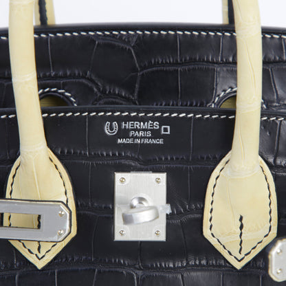 Hermes Special Order Birkin 25 Noir Vanille Matte Alligator Brushed Palladium