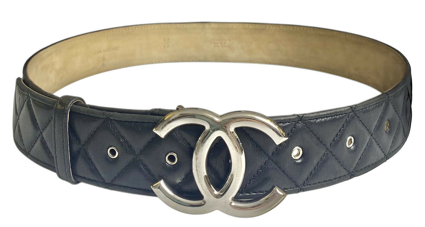 Chanel 14A Black Quilted Lambskin Silver CC Logo Belt 80/32