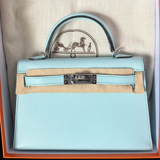 Hermes Mini Kelly 20 Bleu Zephyr Epsom Palladium Leather