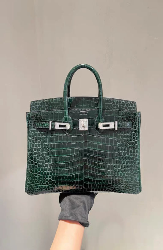 Hermes Birkin 25 Emerald shiny crocodile leather with white gold and diamond hardware
