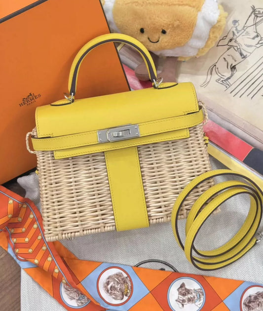 HERMÈS MINI KELLY PICNIC JAUNE DE NAPLES SWIFT & OSIER WICKER PALLADIUM HARDWARE