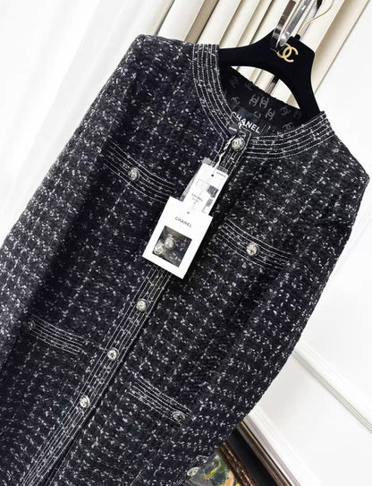 Chanel 20p black houndstooth long coat
