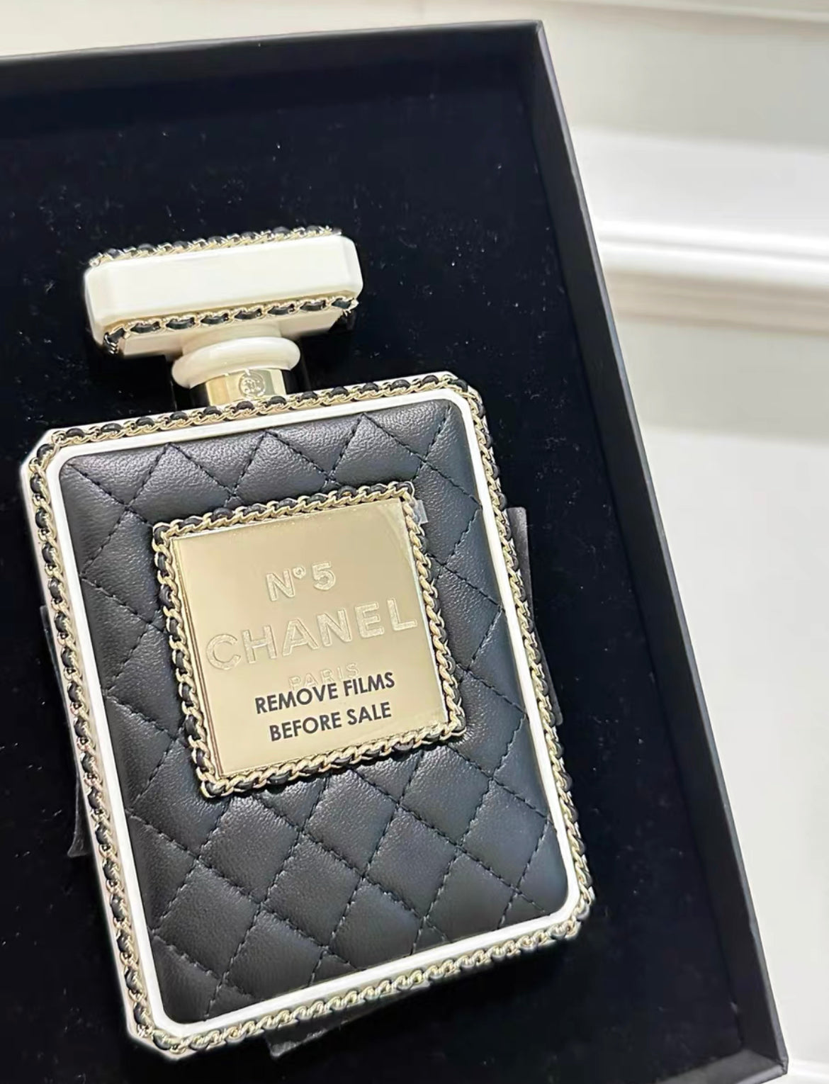 Chanel Black Quilted Leather and White Perspex Perfume Bottle Minaudiere Gold Hardware