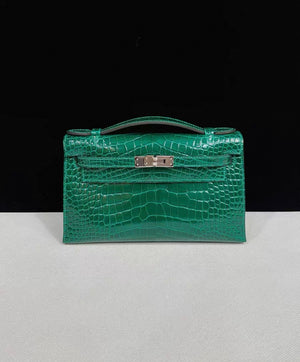 Hermes Kelly Pochette Green Emerald Shiny Crocodile Leather Palladium Hardware
