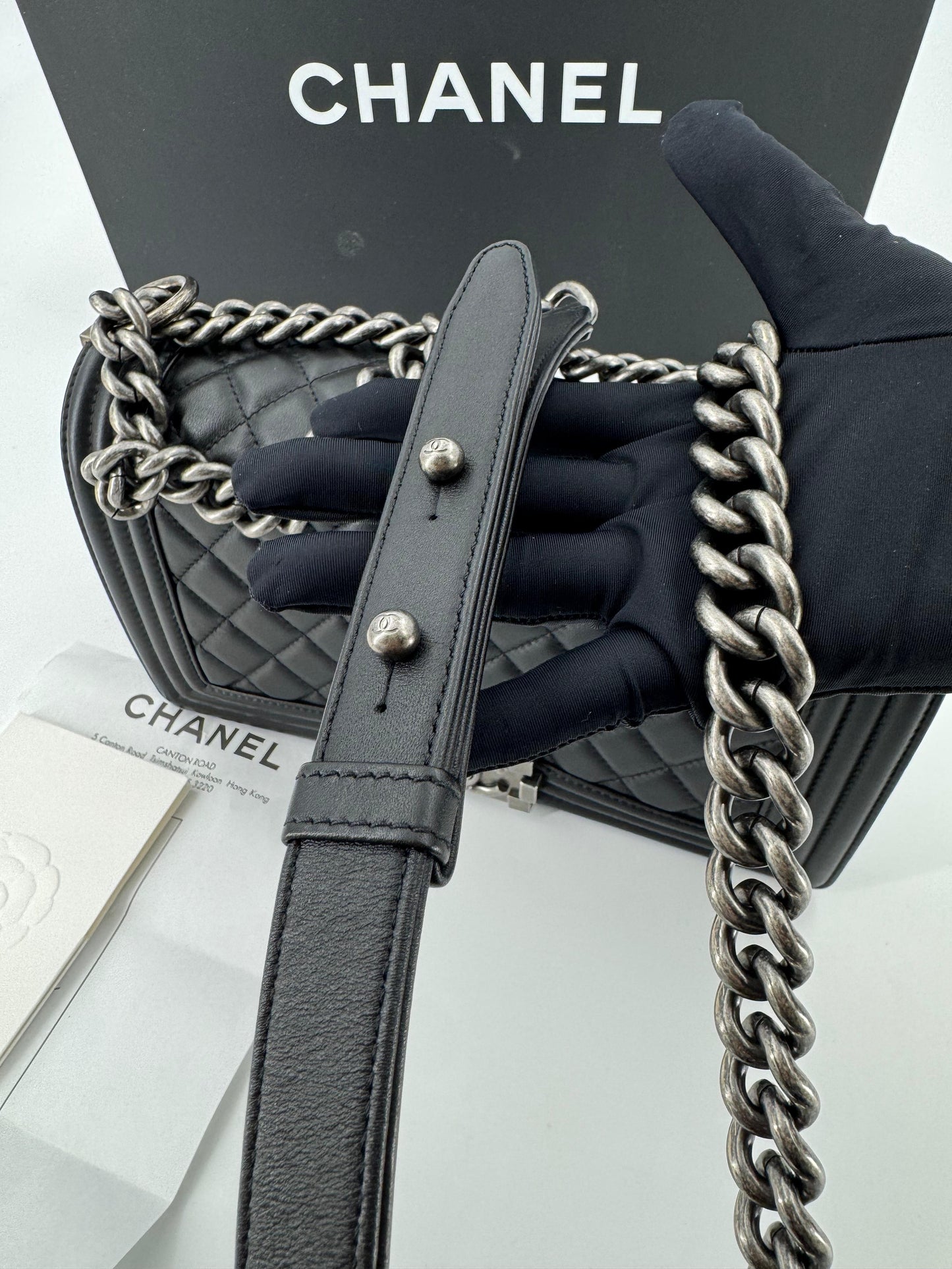 Chanel Boy black leather bag silver hardware