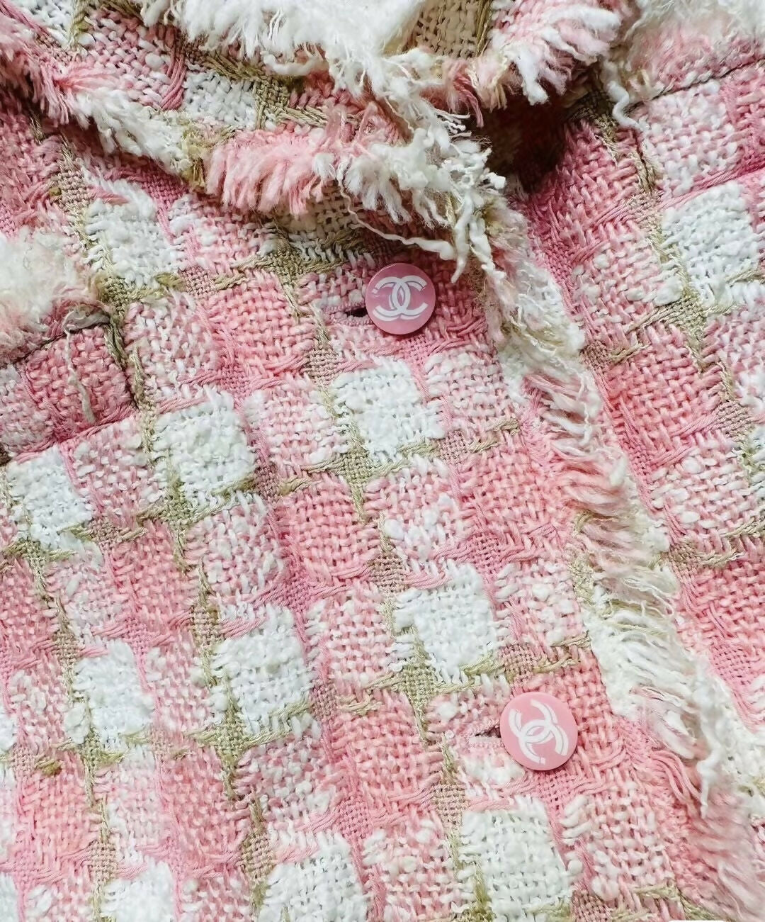 Chanel 04C Pink White Cream Fringe Tweed Checker Jacket FR 42