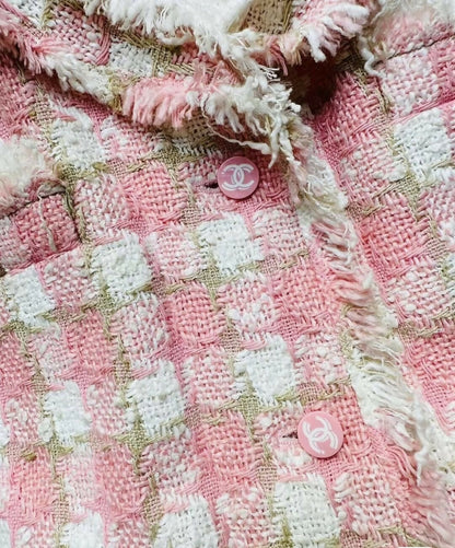 Chanel 04C Pink White Cream Fringe Tweed Checker Jacket FR 42