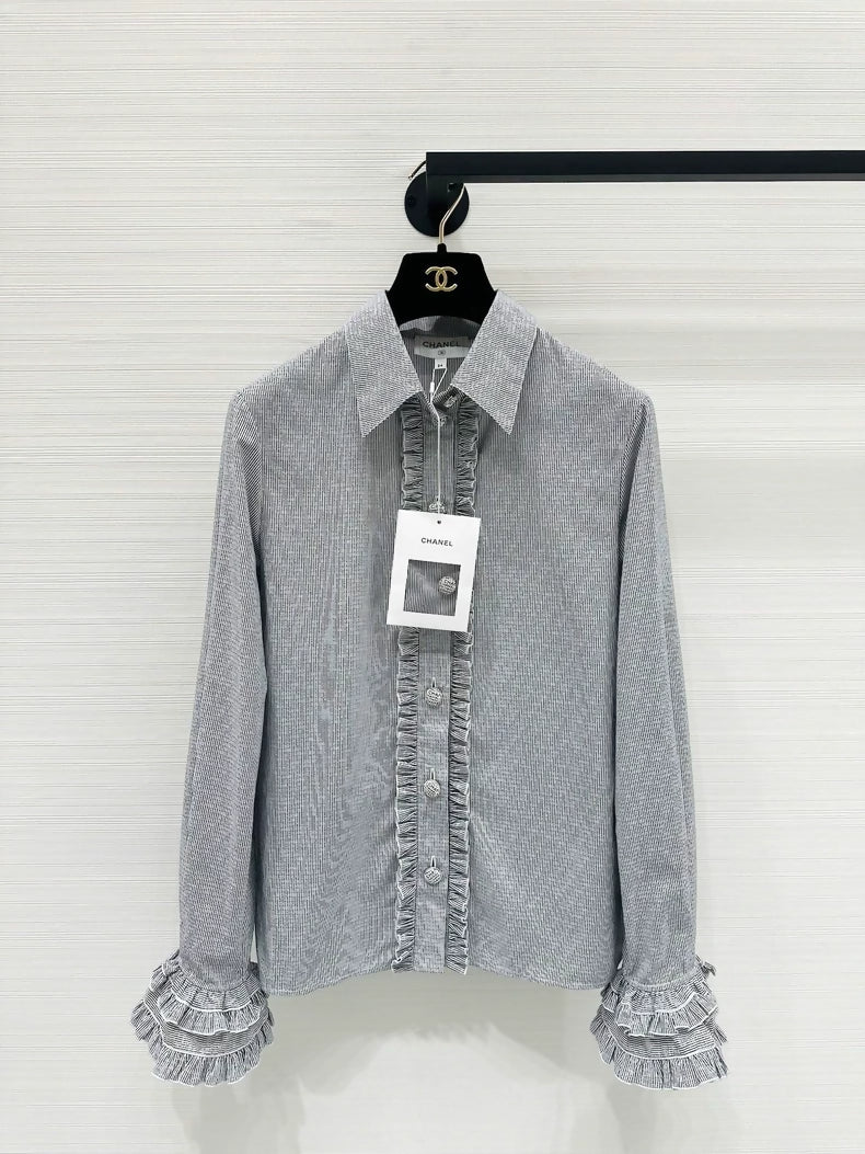 Chanel 24S grey ruffled shirt