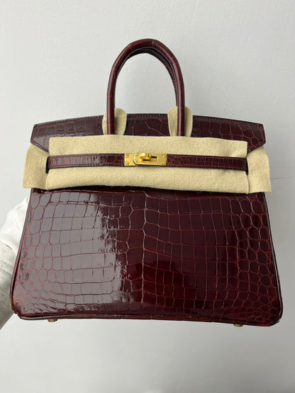 Hermes Birkin 25 Red Bordeaux shiny crocodile leather gold hardware