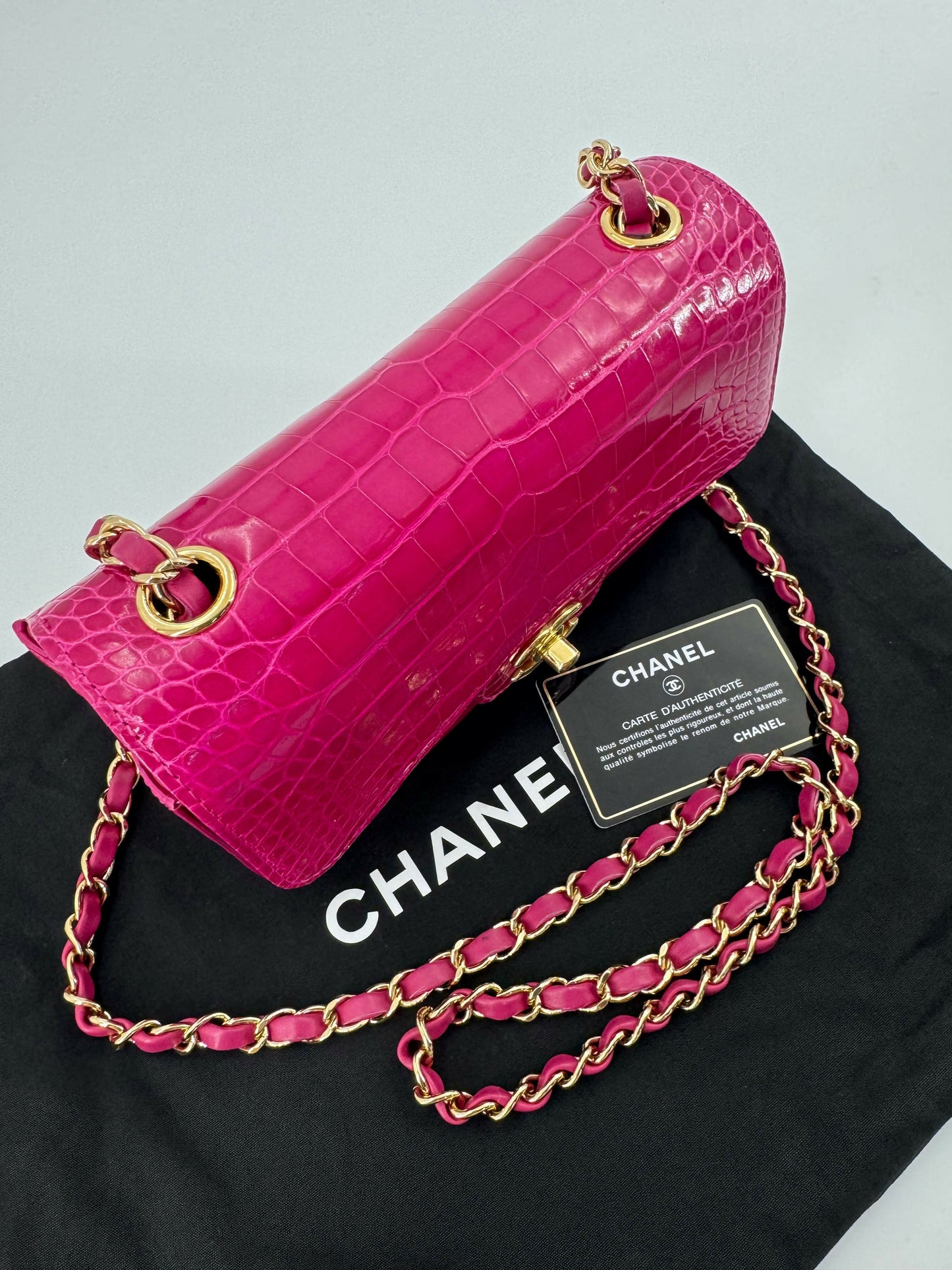 Chanel 2018-2019 Alligator Bright Pink Classic Flap Bag with Gold Hardware