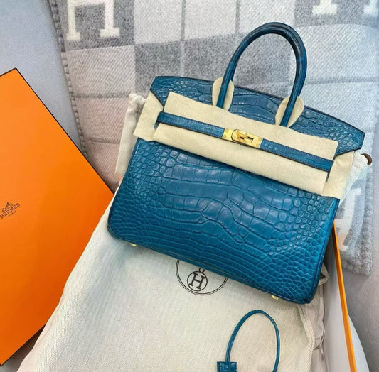 Hermes Birkin 25 blue colvert matte alligator gold hardware