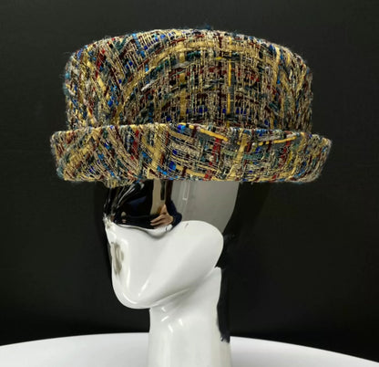 Chanel 19A Gold, Blue 
Gray Tweed Boater Hat