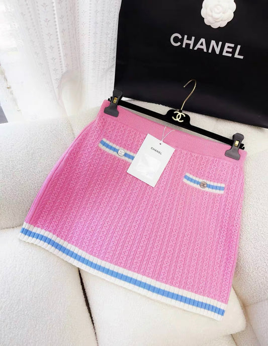 Chanel 23P pink, ecru, blue knitted skirt size 38