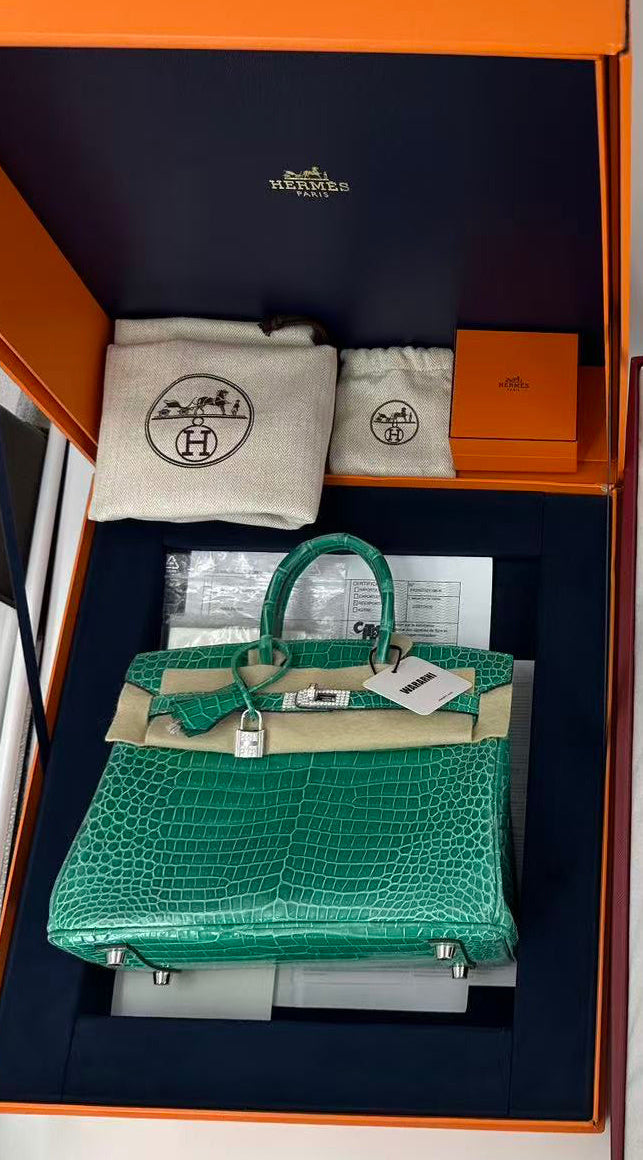 Hermès Birkin 25 Vert Jade Shiny Porosus Diamond Hardware