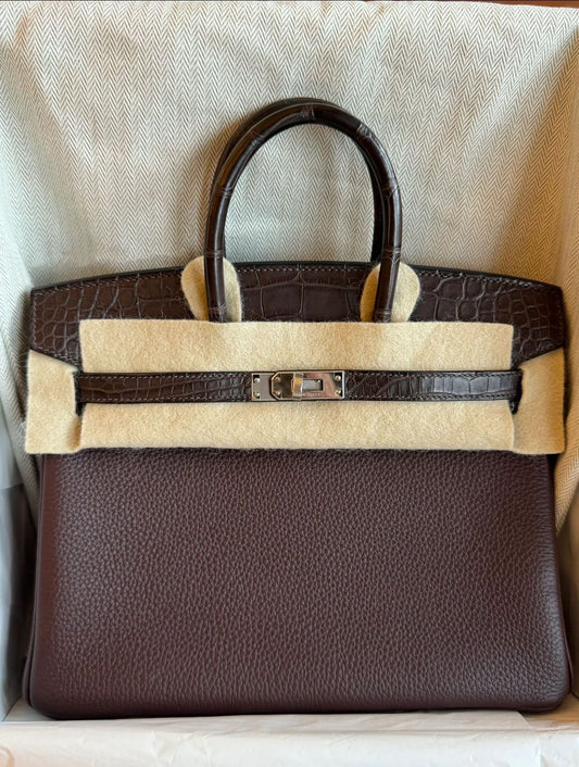Hermès Birkin 25 Touch Ebene Matte Alligator & Rouge Sellier Togo leather palladium hardware