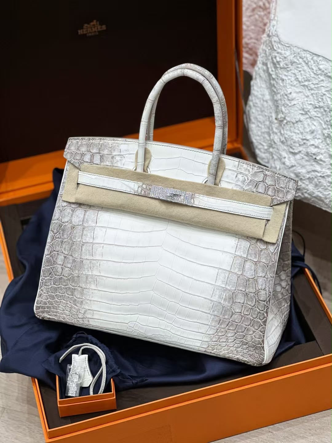 Rare Hermes Birkin 35 Himalaya matte Alligator leather white gold diamond hardware