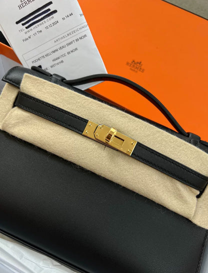 Hermes Mini Kelly Pochette Noir Black Swift Gold Hardware