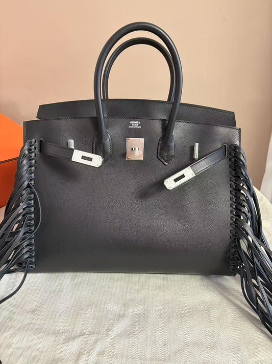 Hermès Birkin 35 Sellier Black Anate Fringe Evercolor leather Palladium Hardware