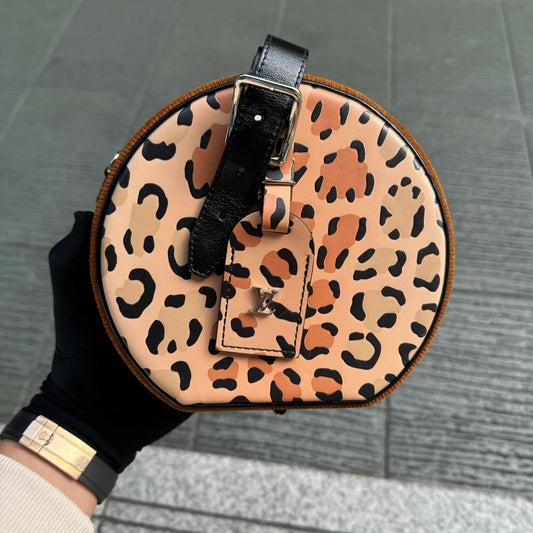 Louis Vuitton 2018 Brown Reverse Monogram Canvas, Corduroy, and Leopard Petit Boite Chapeau Souple Bag Silver Hardware