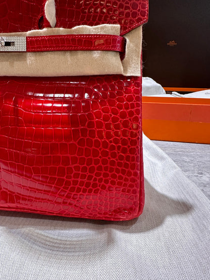 Hermès Birkin 35 Rouge Braise Shiny Porosus Crocodile 18K White Gold and Diamond Hardware