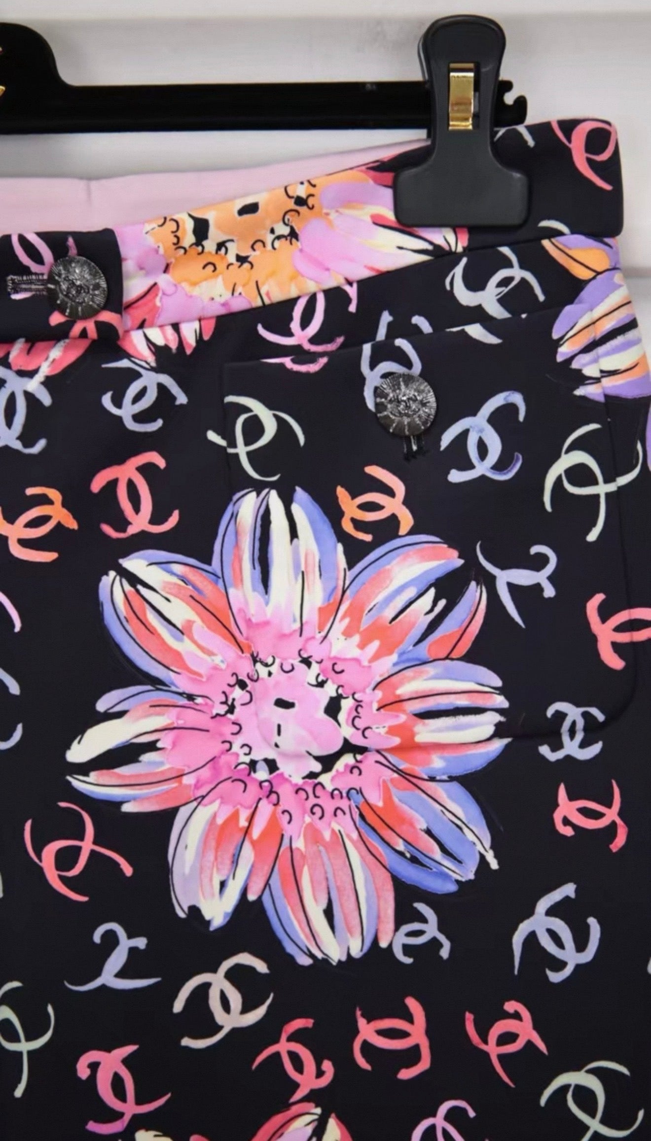 Chanel 24S Runway Colored Silk Wide-Leg Pants with All-Over CC Camellia Print