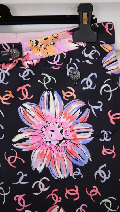 Chanel 24S Runway Colored Silk Wide-Leg Pants with All-Over CC Camellia Print