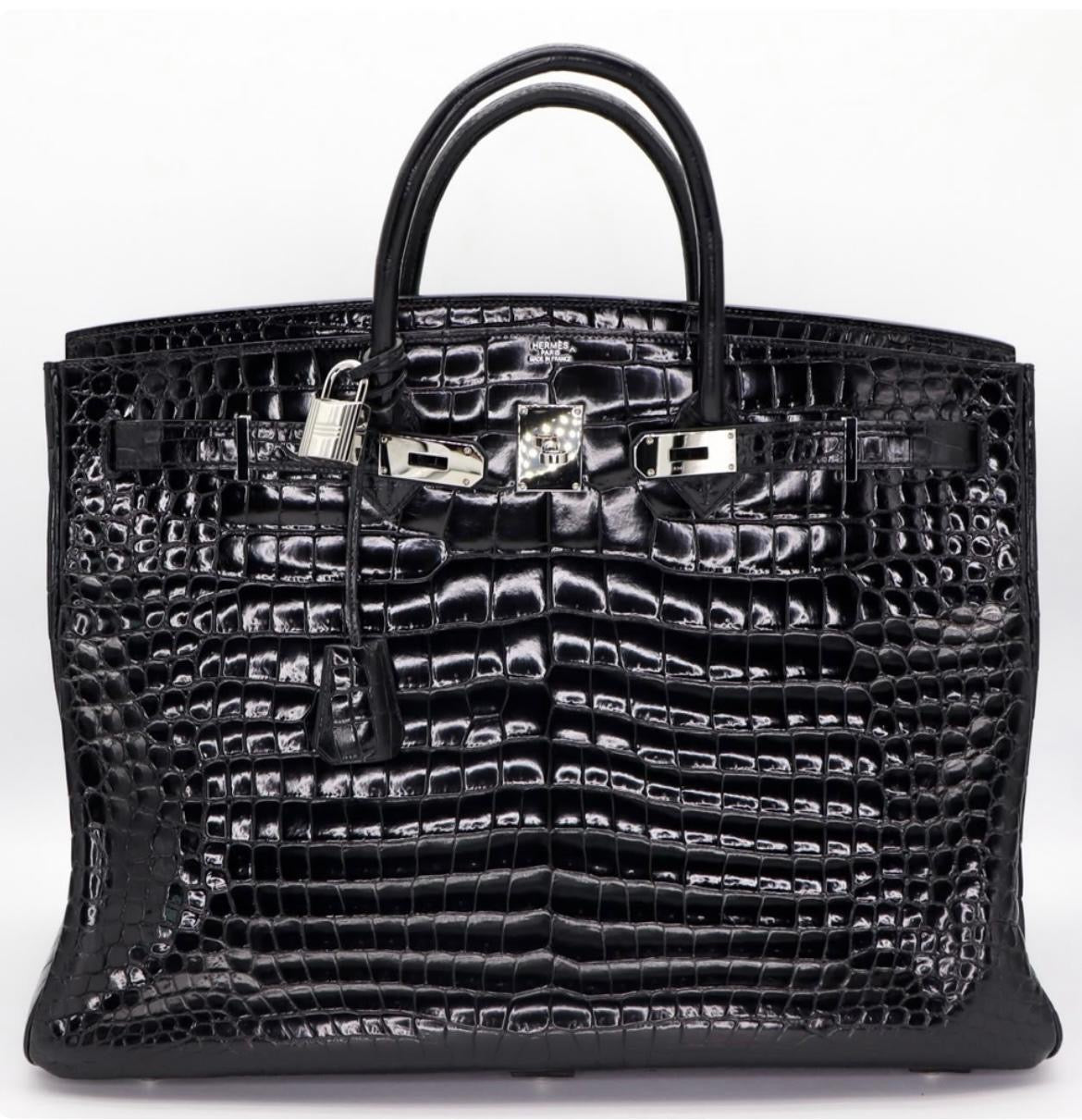 Hermes Birkin 50 Black Shiny Porosus crocodile leather palladium hardware