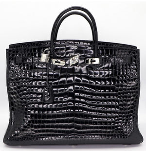 Hermes Birkin 50 Black Shiny Porosus crocodile leather palladium hardware