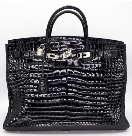 Hermes Birkin 50 Black Shiny Porosus crocodile leather palladium hardware