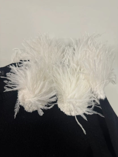 Chanel 23K black sweater with ostrich white feathers