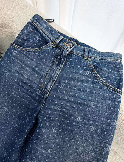 Chanel 23p popular blue polka-dot denim wide-leg pants in size 34