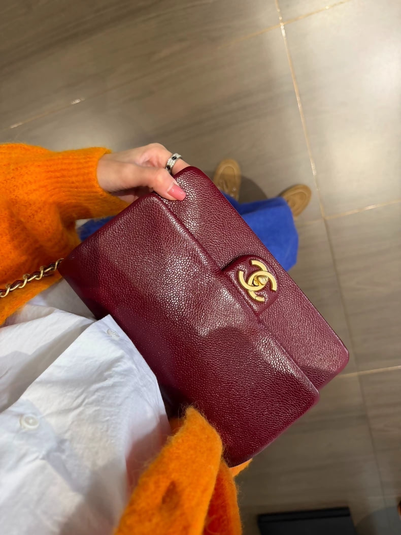 Chanel grained leather burgundy red gold hardware