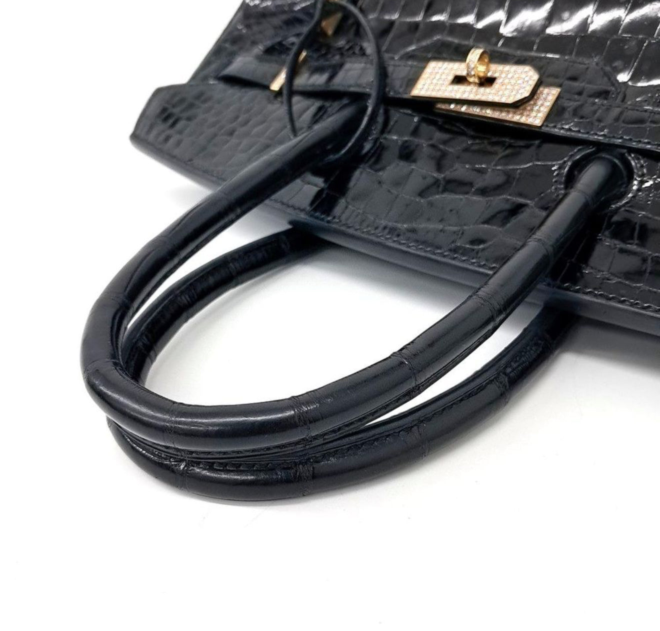 Rare Hermes Birkin 35 Black shiny crocodile leather Gold Diamond Hardware