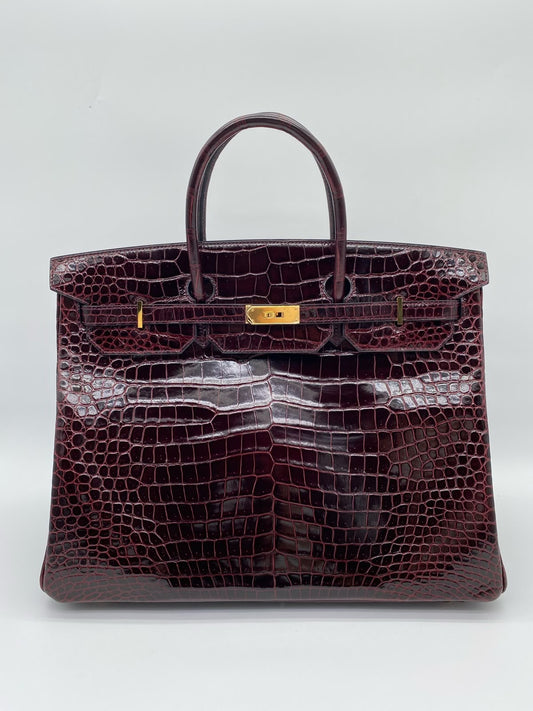 Hermes Birkin 40 Bordeaux shiny porosus crocodile leather gold hardware