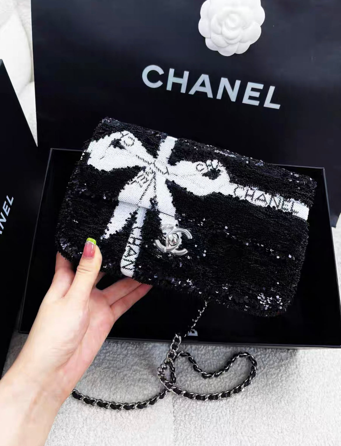 Chanel 24B black and white sequin bow silver hardware mini flap chain bag