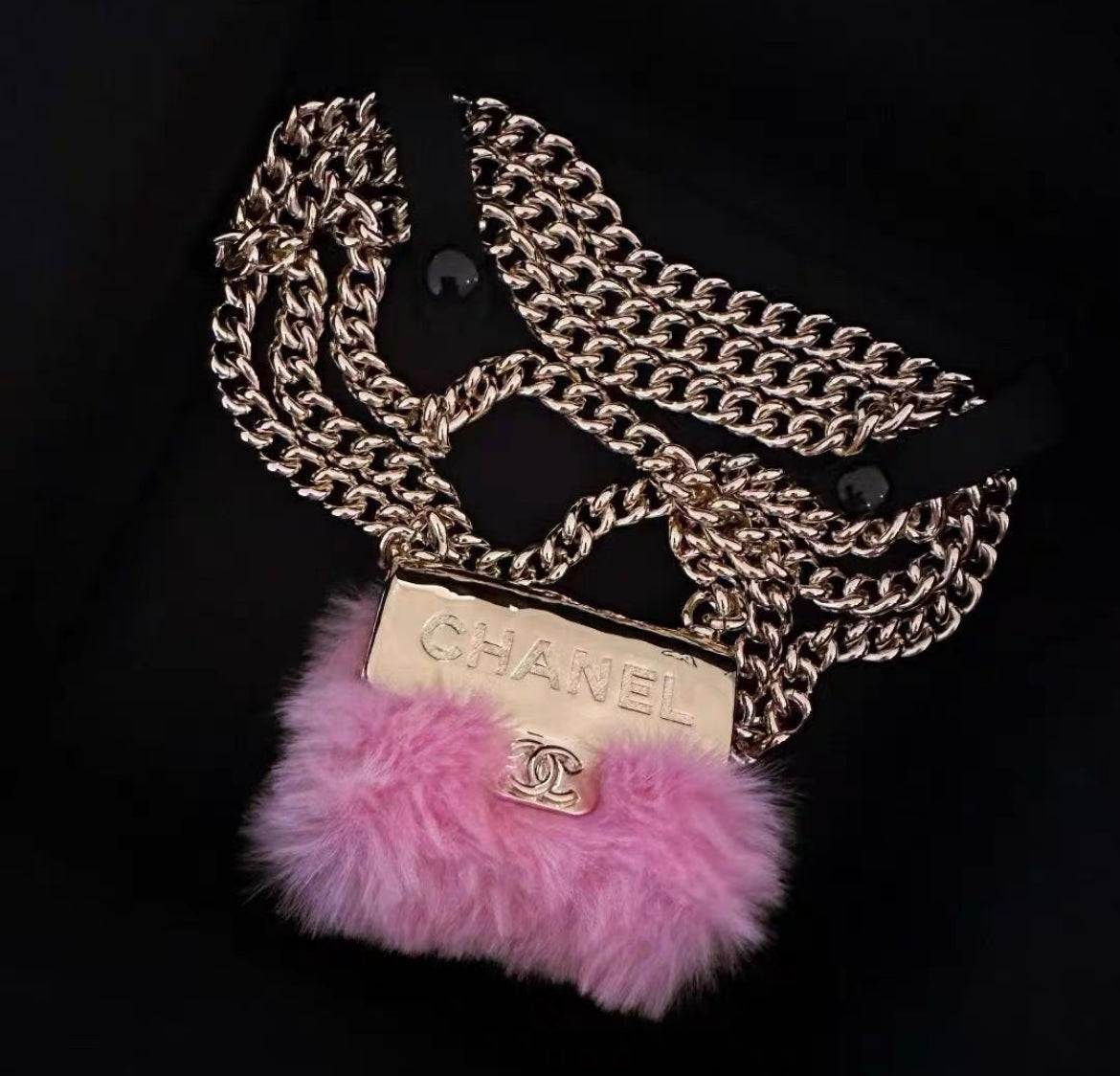 Chanel 24C Pink Furry Mini Bag necklace gold chain