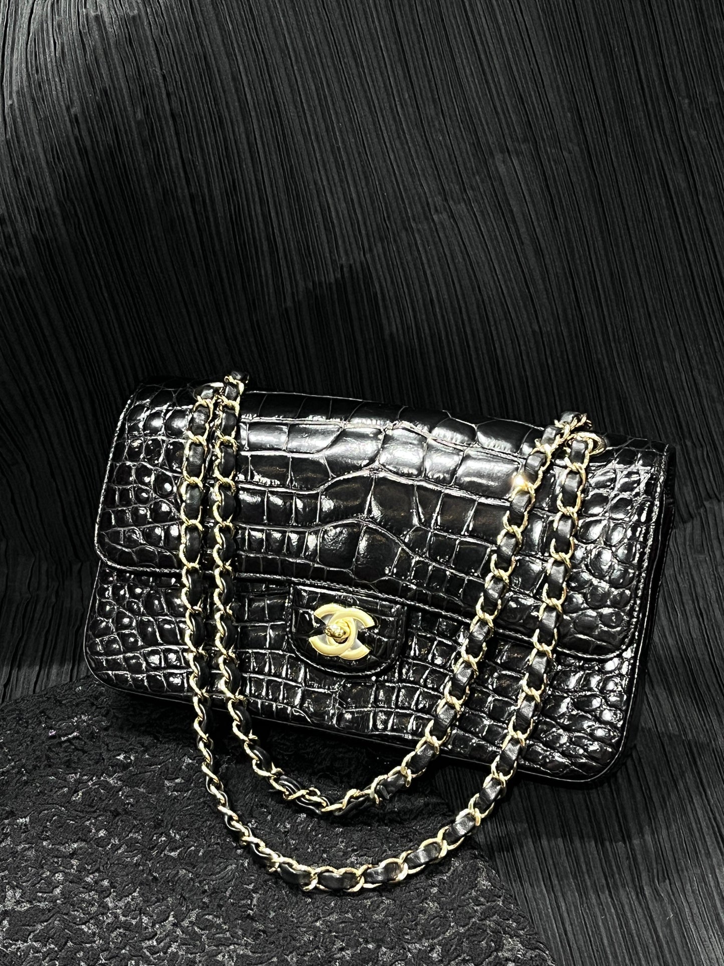 Chanel black shiny Alligator leather medium flap gold hardware